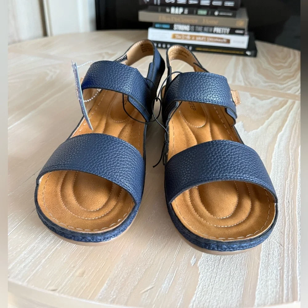 Flex Step|Navy Blue Sandals with Tan Accents,double strap faux leather•••NWT,11 - Picture 8 of 13